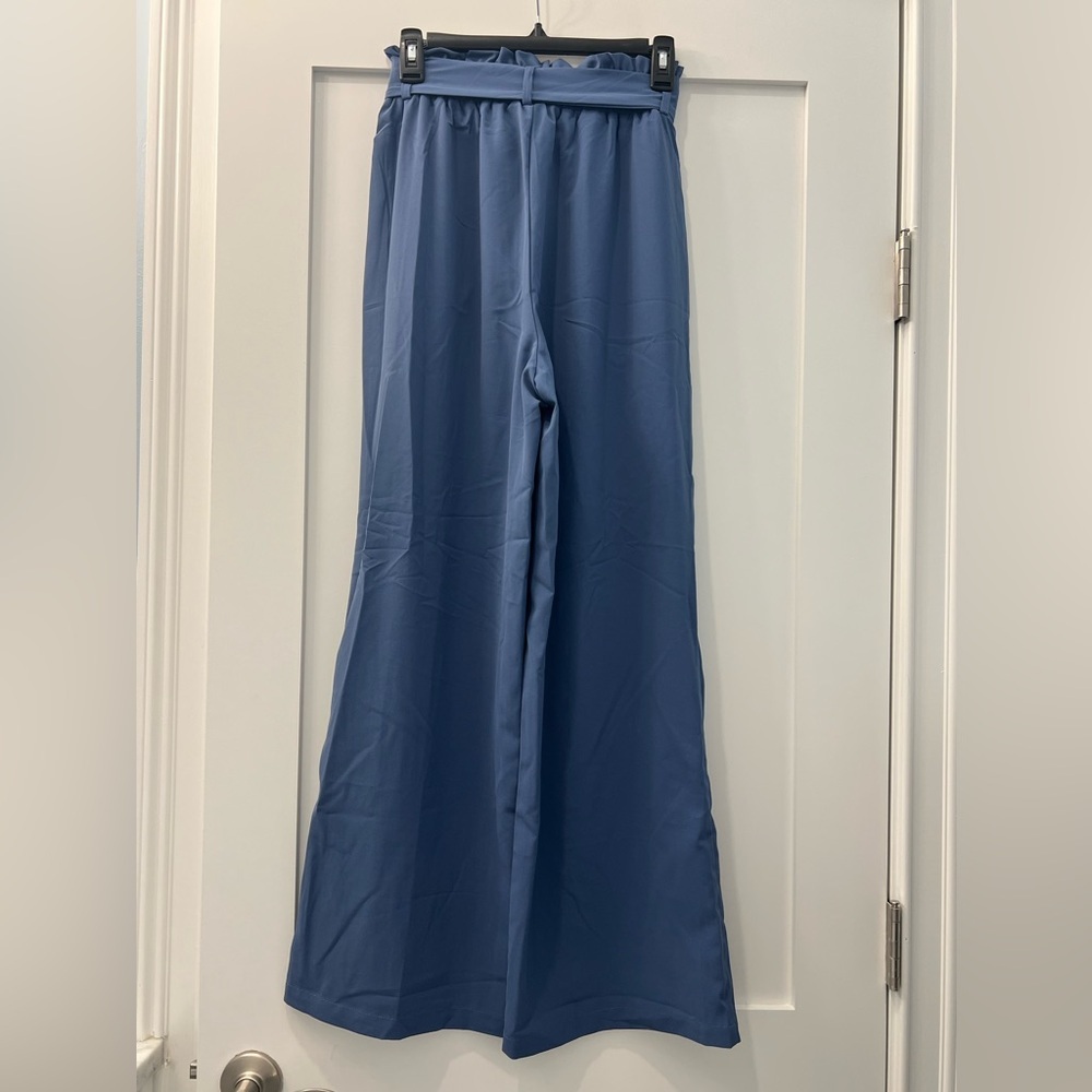 Blue women’s high waisted belted trouser pants - Picture 3 of 7